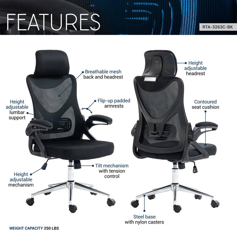 Techni Mobili Ergonomic Office Chair with Adjustable Headrest and Lumbar Support