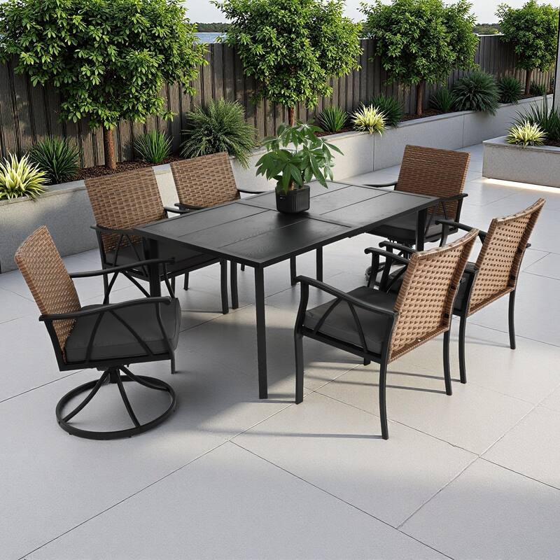 7-Piece Outdoor Patio Steel Dining Set with 59" Rectangular Table, 2 Swivel Rocker & 4 Armchairs, and Rattan Backrest - Brown+Gray