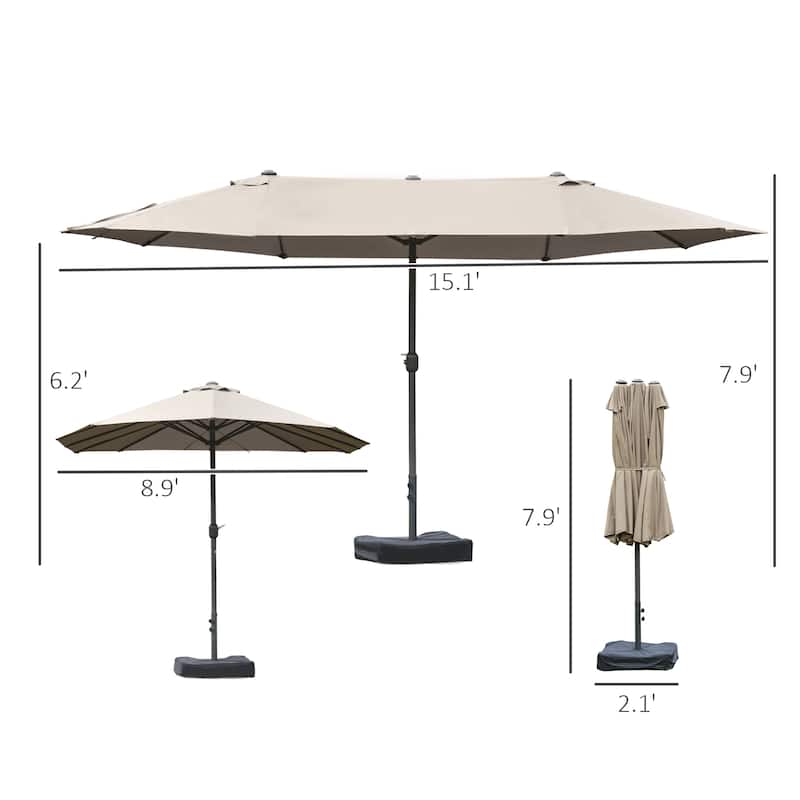 15-Foot Steel Rectangular Double-Sided Patio Umbrella with Easy Crank, Sun Protection, and Base for Outdoor Use