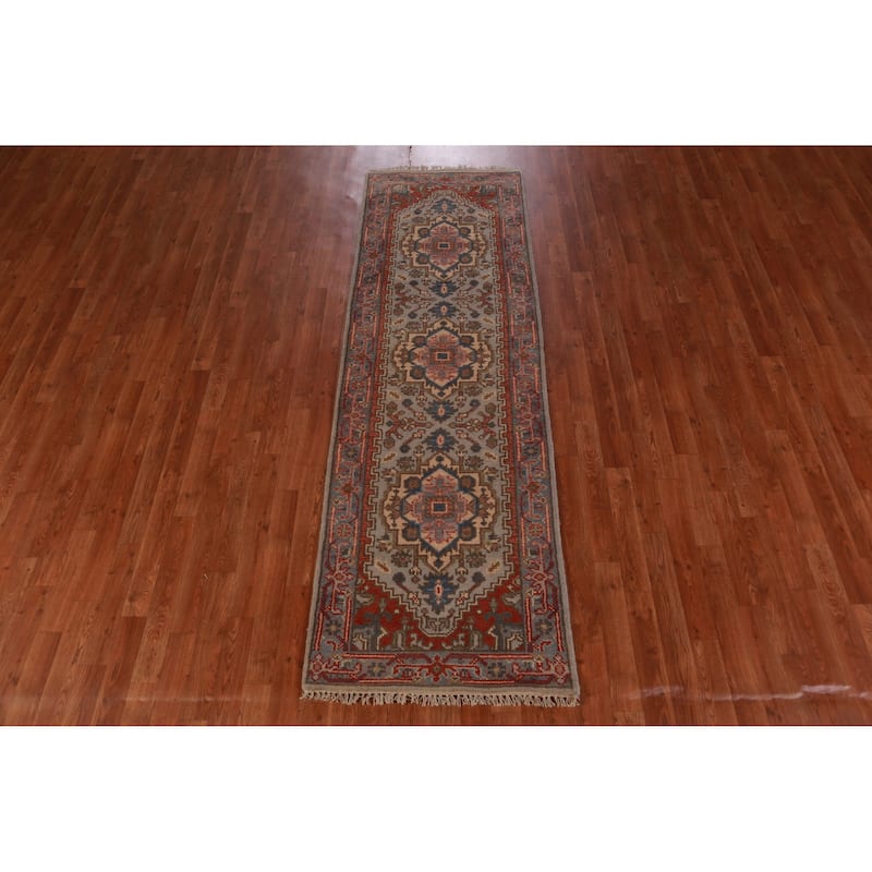 Hand Knotted Oriental 100% Wool Carpet Traditional Geometric Greys & Charcoal Heriz (serapi) Runner Rug - 8' 2'' X 2' 7''