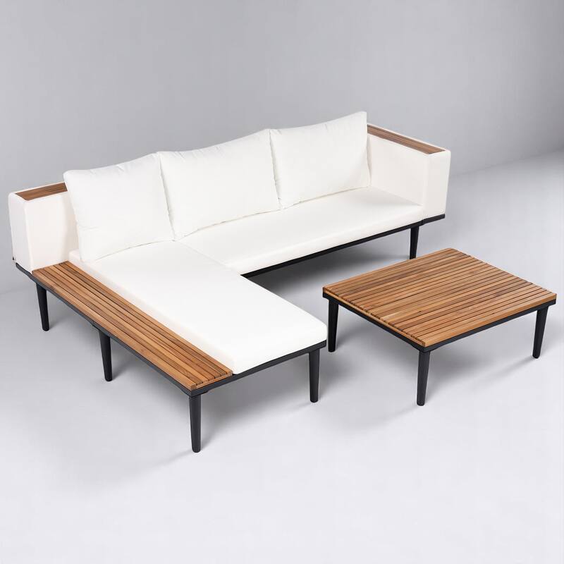 3-Piece Outdoor Sofa Set with Acacia Wood Frame, Side Table & Coffee Table, Weather-Resistant Cushions, Patio Conversation Set