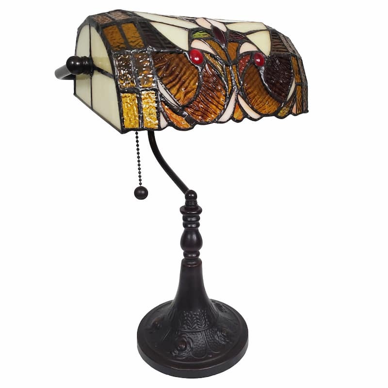 Dark Brown Resin Table Lamp with Gold Dome-Stained Glass Shade Pull Chain - 11” x 13” x 19” (D x W x H)