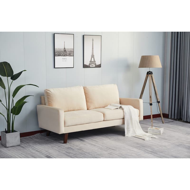 Beige Sofa with Wood and Fabric, 70x33x34 inches