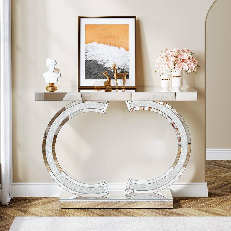 Silver Console Table, 39” Mirror Entryway Table for Entrance