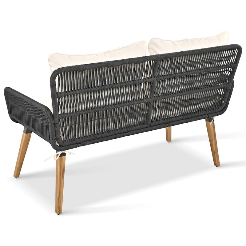 6-Piece Outdoor Patio Rope Conversation Sofa Set with Acacia Wood Cool Bar Table and 2 Stools