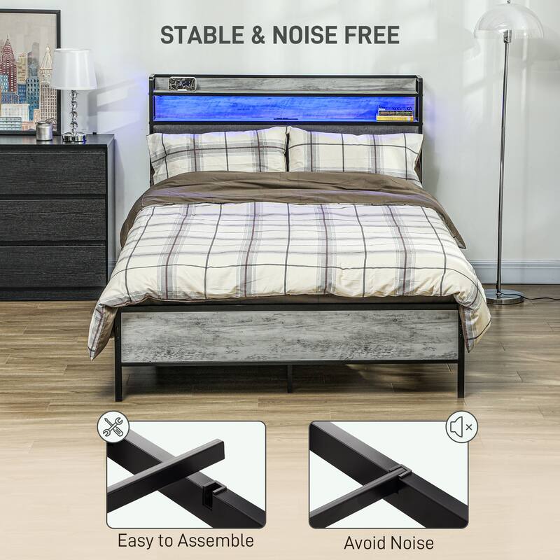 Upholstered Bed Frame with Storage Headboard,Charging Station