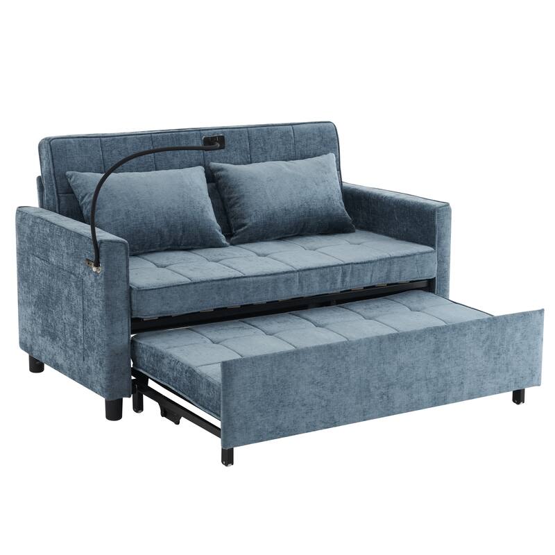 Roomfitters Loveseat Pull-Out Sofa Bed with Reversible Backrest Cushion, Side Pockets, USB Ports, and Phone Holder