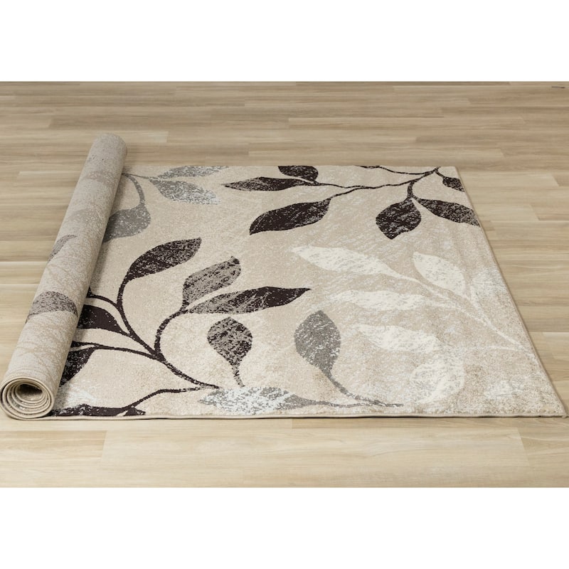 Charlotte Collection - Distressed Brown/White/Black Foliage Rug - 7'10" x 10'6"