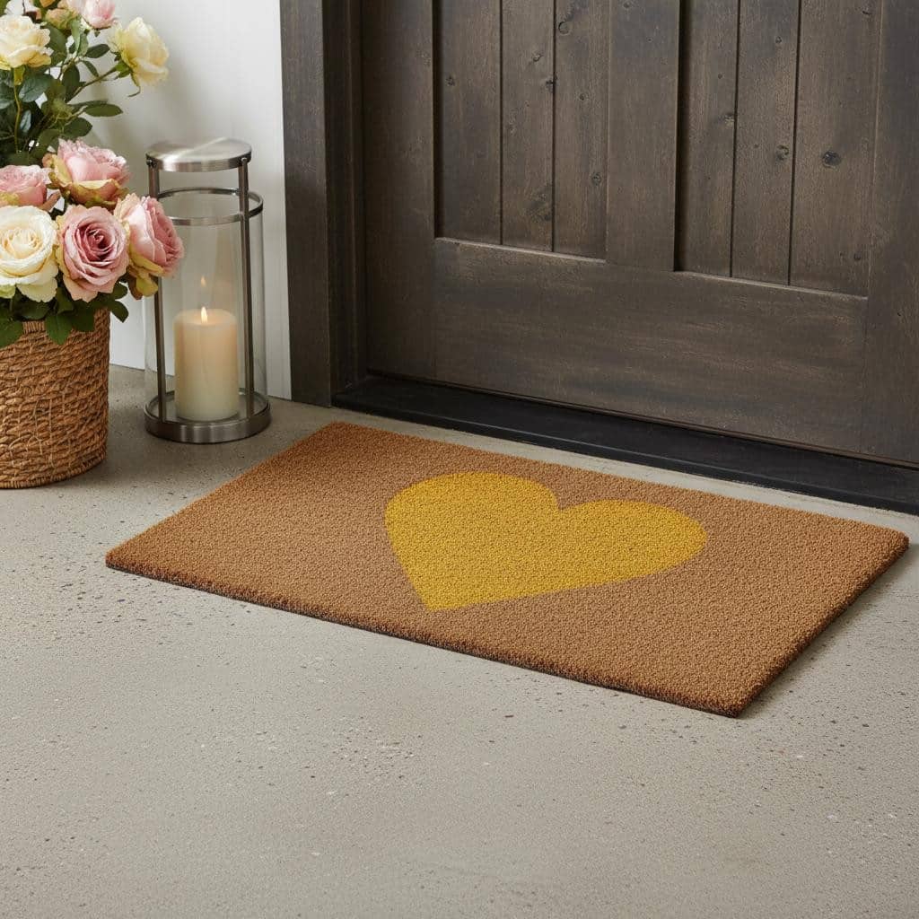 HomeRoots 24" X 36" Brown And Yellow Heart Outdoor Coir Door Mat - 24.00' X '36.00