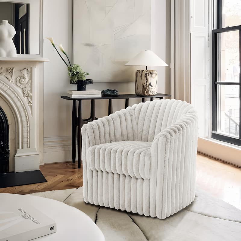 30.7"W Faux Fur Upholstered Accent Chair Swivel Barrel Chair - White