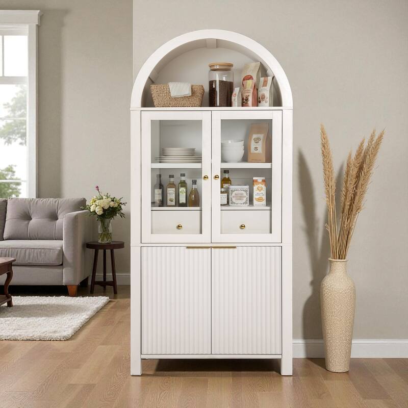 71" Tall Fluted Pantry Cabinet with Glass Doors, Adjustable Shelves and Hidden Drawer for Kitchen or Dining Room - White