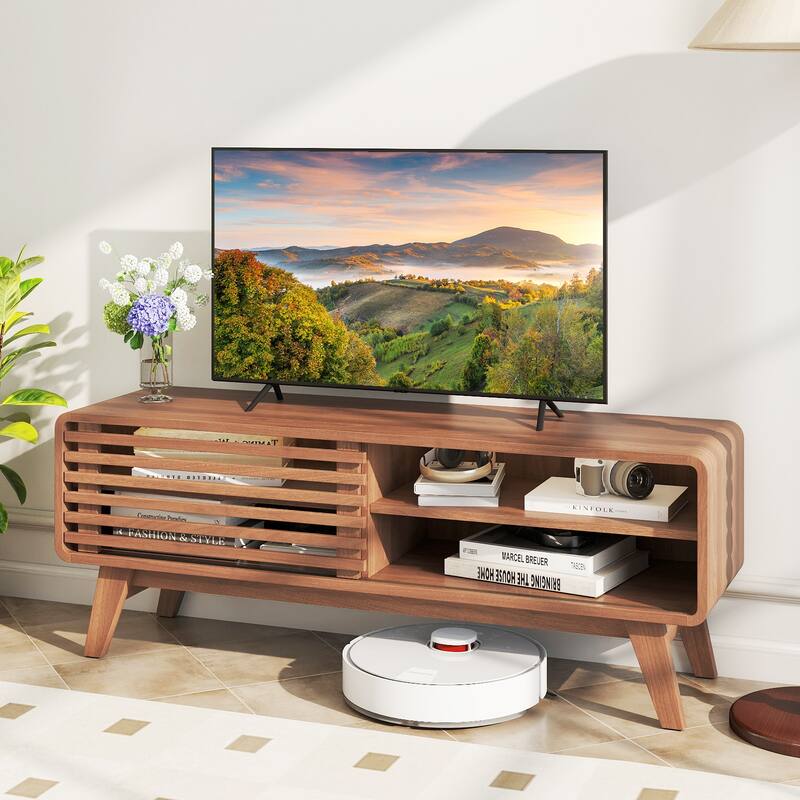 Gymax TV Stand w/Sliding Door Adjustable Shelves & Rubber Wood Legs