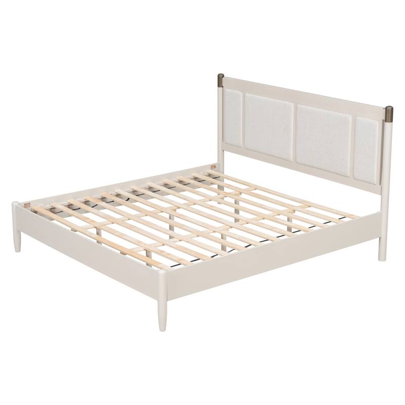 Solid Wood King Bed, Heavy Duty 600 lbs Support, No Box Spring Needed, Upholstered Headboard with Metal Handles