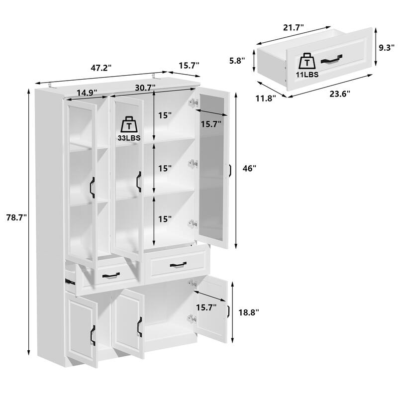 78.7"Modular White Curio Bookcase Cabinet w/Glass Doors Buffet Display
