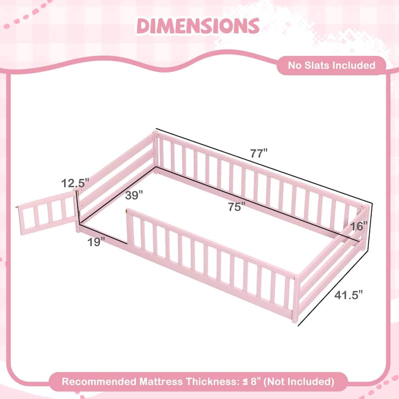 Costway Twin Size Floor Bed with Door & Fence with Safety Guardrails &