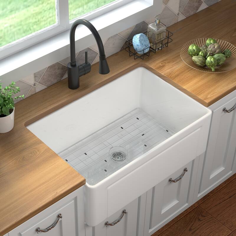 HOROW White Fireclay 30 in. x 20 in. Single Bowl Farmhouse Apron Front Kitchen Sink with Bottom Grid and Strainer - 30x20 Inch - White