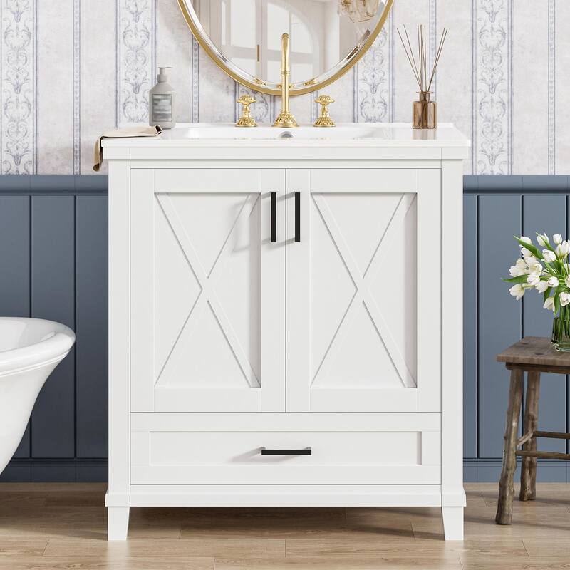 30" Bathroom Vanity - Solid Wood Frame, Single Sink, 2 Soft-Close Doors, Divided Drawer & Dual Storage Shelves