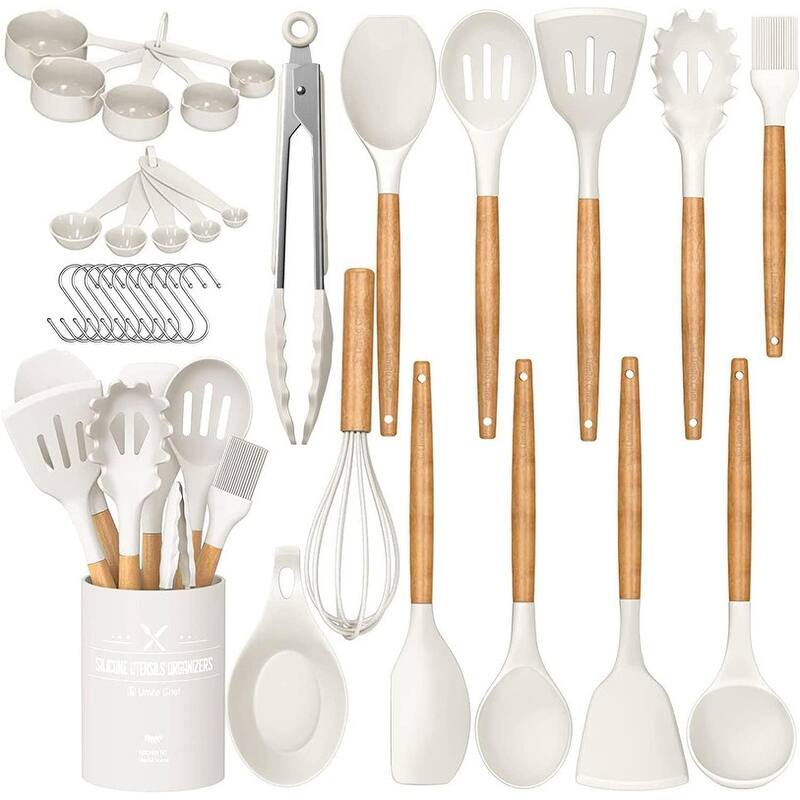 Kitchen Cooking Utensils Set, 33 pcs Non-Stick Utensils Spatula Set with Holder - Cream White