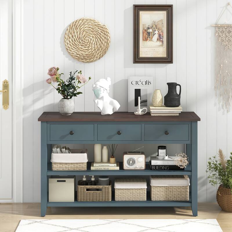Gymax 50'' Farmhouse Entryway Table w/3 Storage Drawers and 2 Open