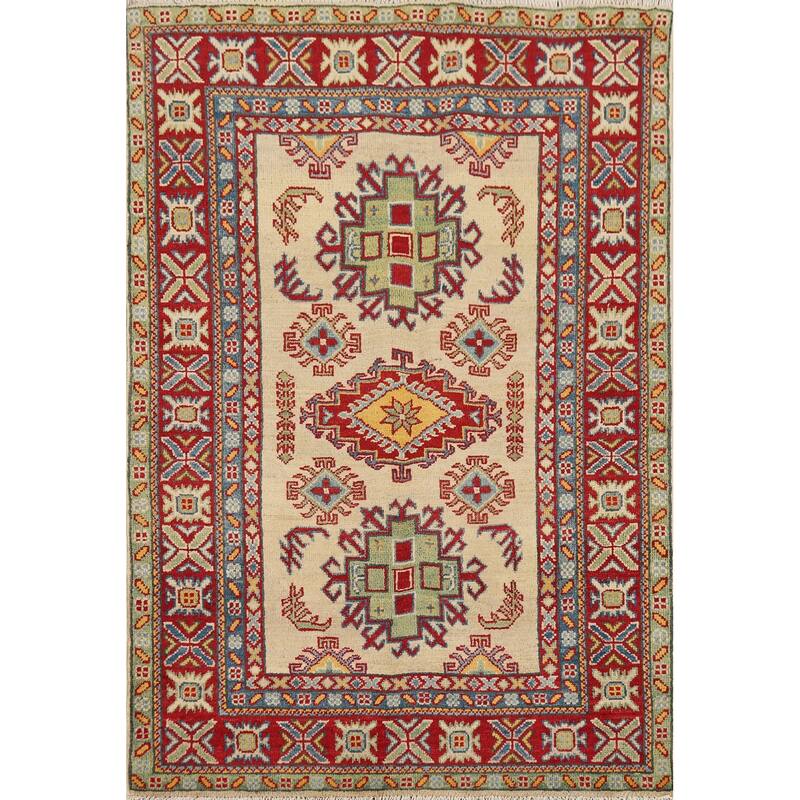Traditional Kazak Oriental Accent Rug Hand-Knotted Wool Carpet - 3'5" x 4'10"