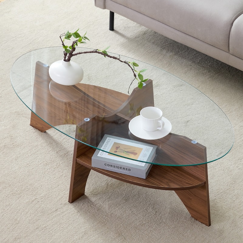 GDFStudio Elowen Tempered Glass Coffee Table with Wood Legs and Multi-Functional Design