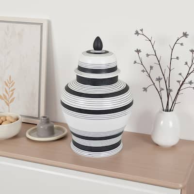 Decorative Jar w Lid, Minimalist Contrast, White Blue Lines, 16 Inch