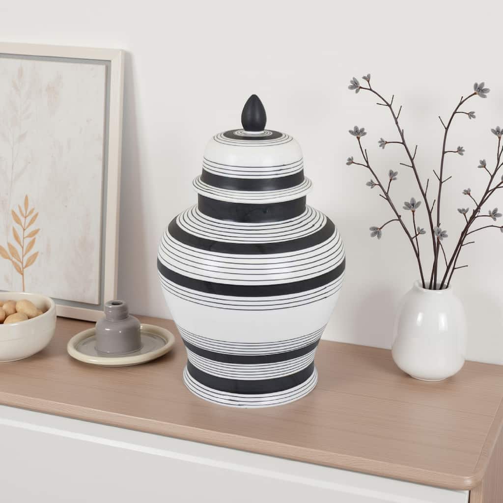 Decorative Jar w Lid, Minimalist Contrast, White Blue Lines, 16 Inch