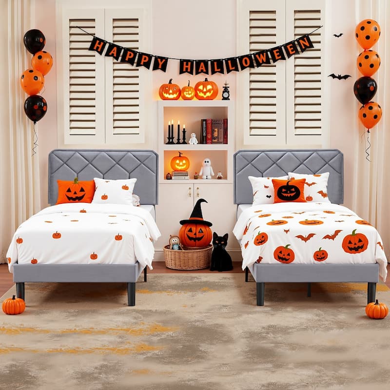 2 Pack Twin Size Kids Bed Frame Height Adjustable Diamond Pattern Upholstered Headboard Bed Twin Size Bed Set of 2 - Grey