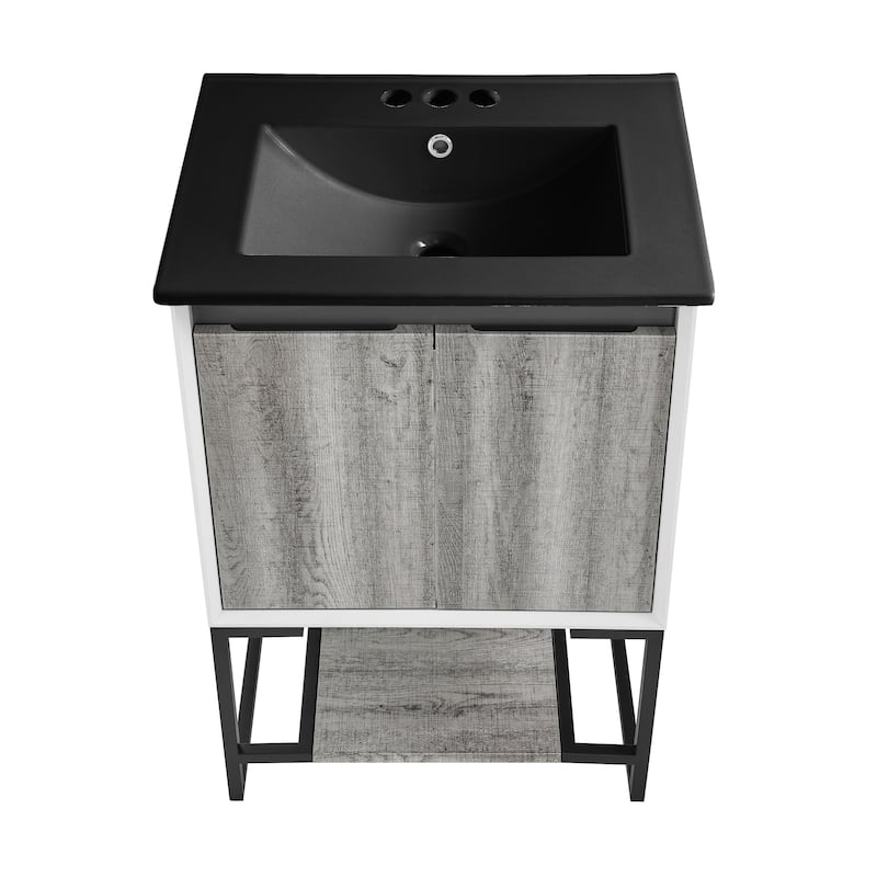 Marseille 24 In. Gray Oak Bathroom Vanity With Black, 3-Hole Ceramic Sink Top