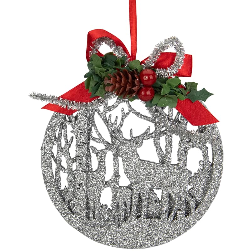 4.5-Inch 2-D Silver Glitter Reindeer Family Silhouette Christmas Ornament - 4.5"