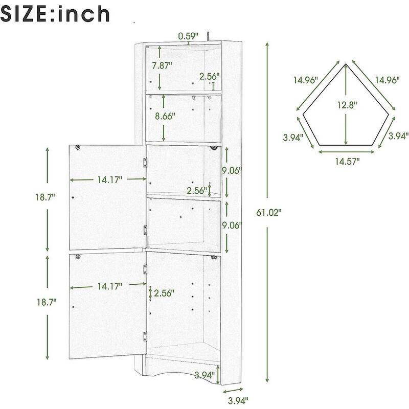 Home Tall Corner Cabinet with 2 Doors and 2 Tiers of Outside Shelves, Freestanding Storage Cabinet with Adjustable Shelves