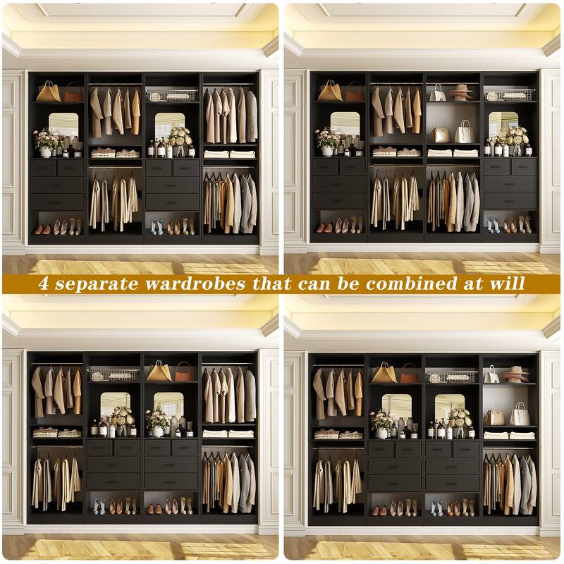 Set of 4 Closet System with 4 Drawer and Hanging Rods, Freestanding Closet Organizer with Storage Shelves