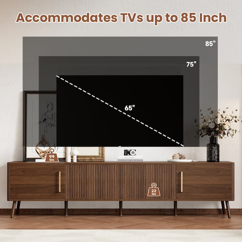78" Modern TV Stand for 85" TVs, Entertainment Center with Fluted Doors, Solid Wood Legs & Cable Management, Soft-Close Hinges