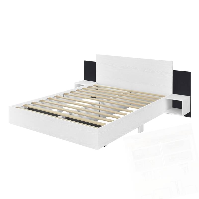 Wooden Floating Platform Bed, with LED Lights and Bedside Nightstand