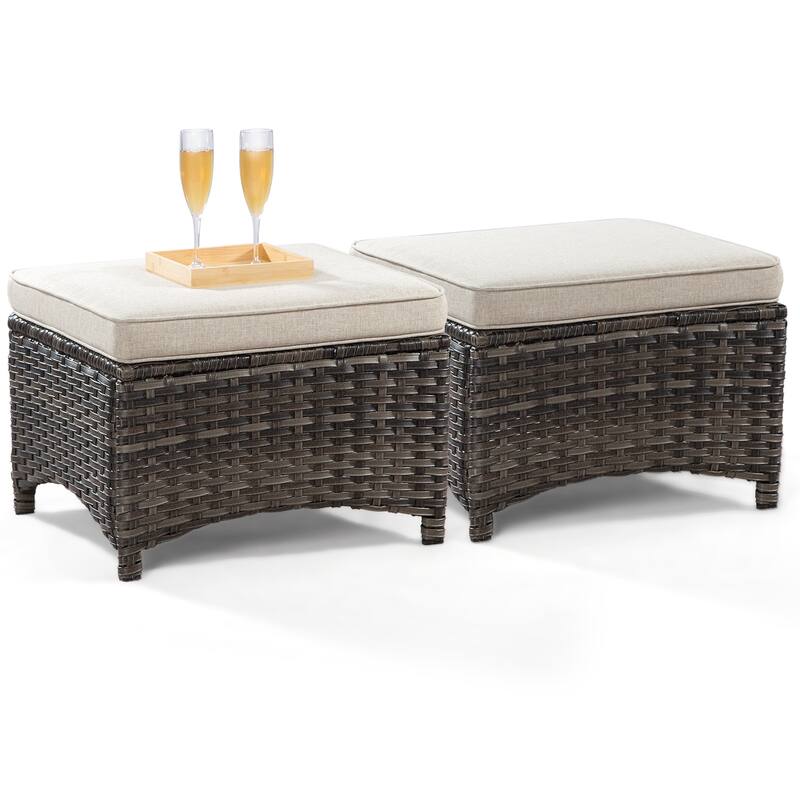 Cozywor 2-Piece Wicker Outdoor Patio Ottoman Set with Cushions