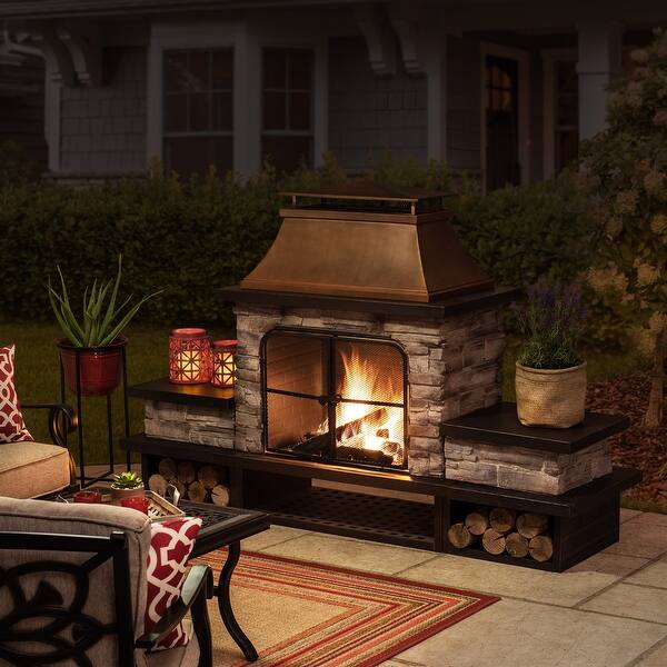 Sunjoy Bel Aire Steel and Faux Stone Outdoor Fireplace with Wood Storage -  Bed Bath u0026 Beyond - 11588254