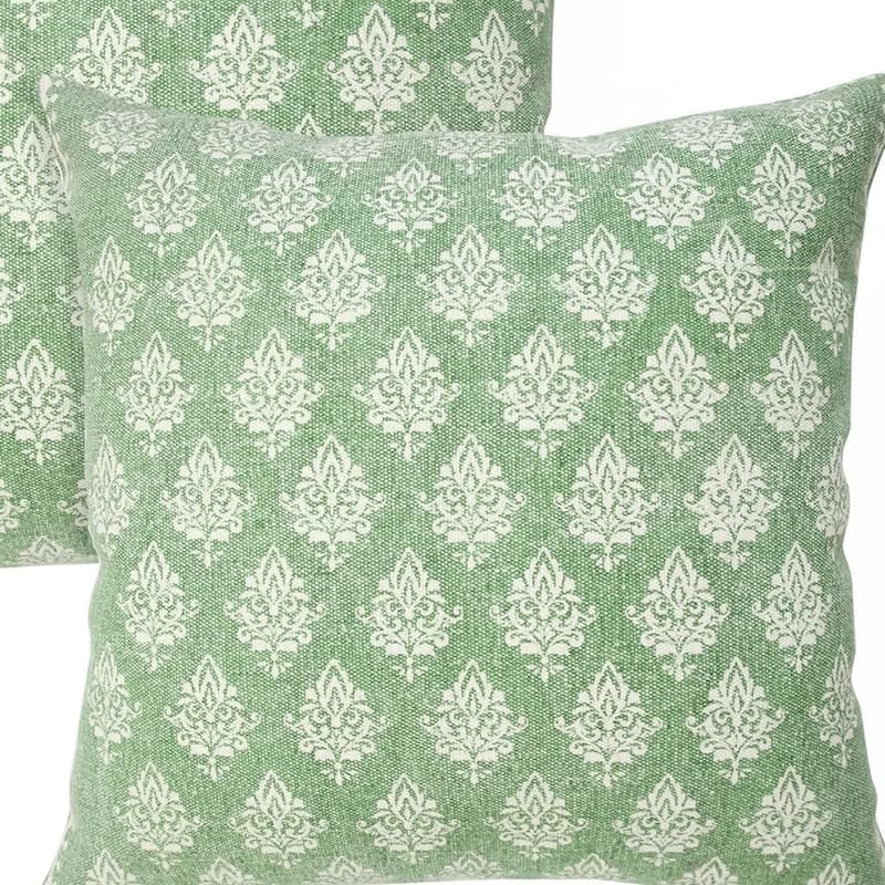 HomeRoots Set of Two 20" Green And Off White Damask Cotton Throw Pillows