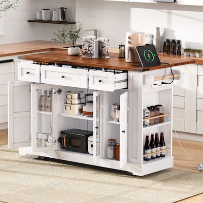 Rolling Kitchen Island with Two Tempered Glass Cabinet Doors & 3 Drawers, Kitchen Cart with Drop Leaf & 5 Open Side Racks