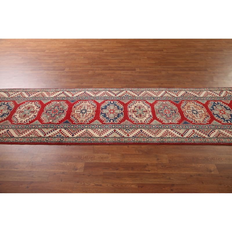 Geometric Red Kazak Runner Rug Handmade Oriental Wool Carpet - 2'9" x 10'8"