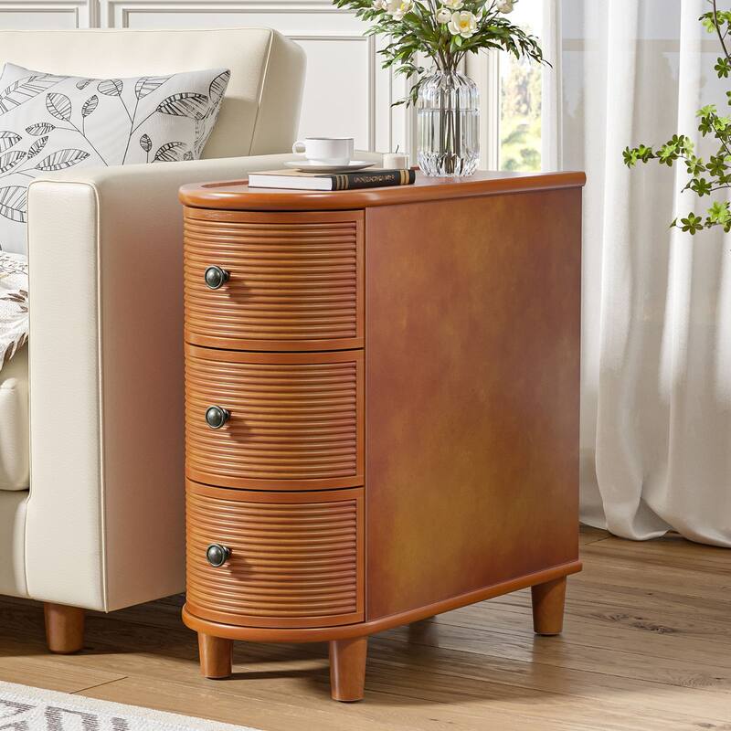 3-Drawer Walnut Narrow End Table - Side Table for Living Room & Bedroom