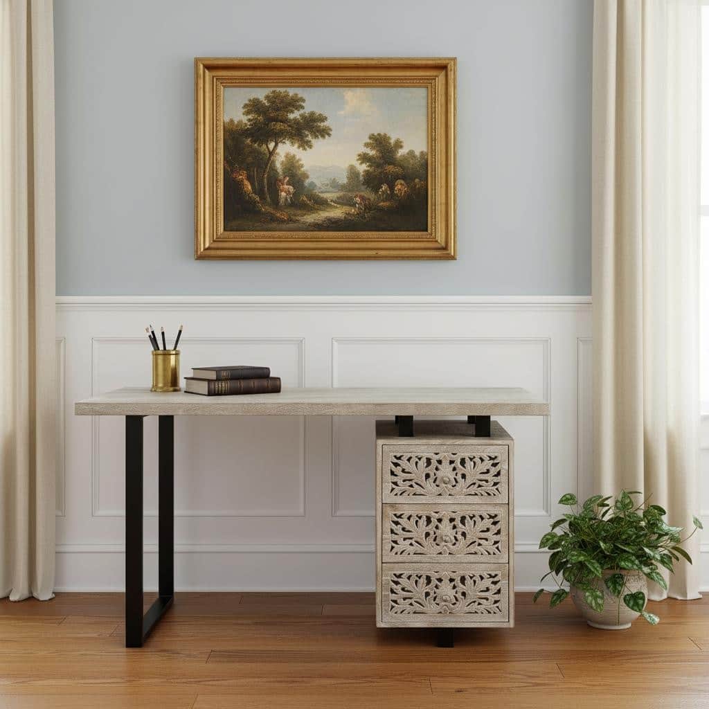 HomeRoots 54" White and Black Solid Wood and Metal Carved Floral Desk With Three Drawers