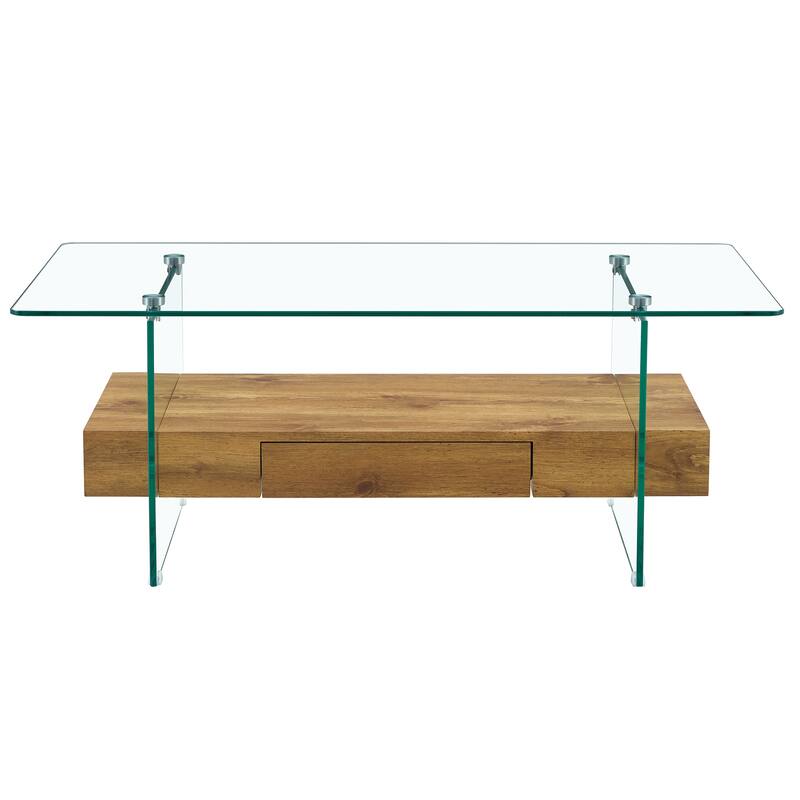 43.3 Inch Modern Two-Tier Coffee Table, Multifunctional Storage Design. The bottom tier includes a drawer
