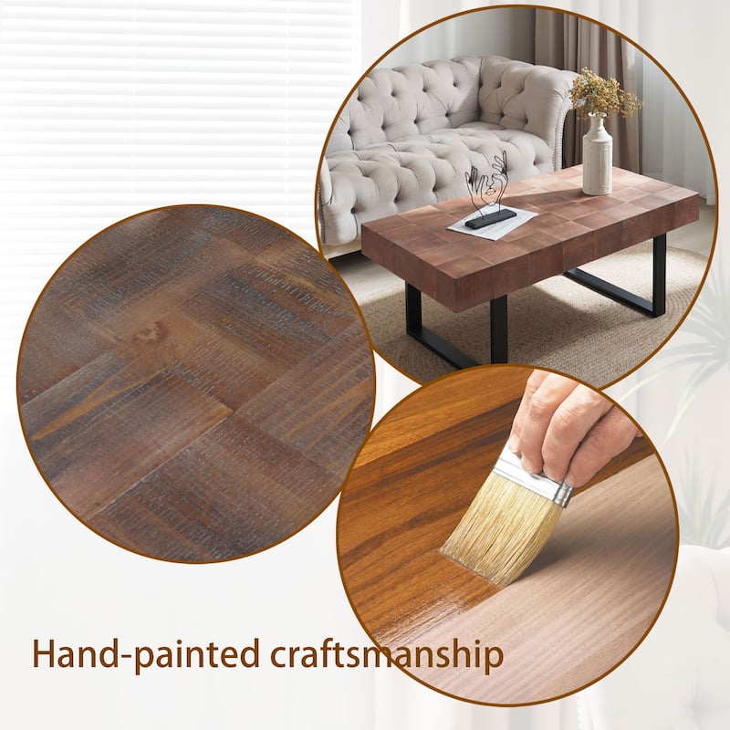 Rustic Industrial Handcrafted Coffee Table with Parquet-Style Surface and Black Metal Legs, Natural Wood Grain Finish