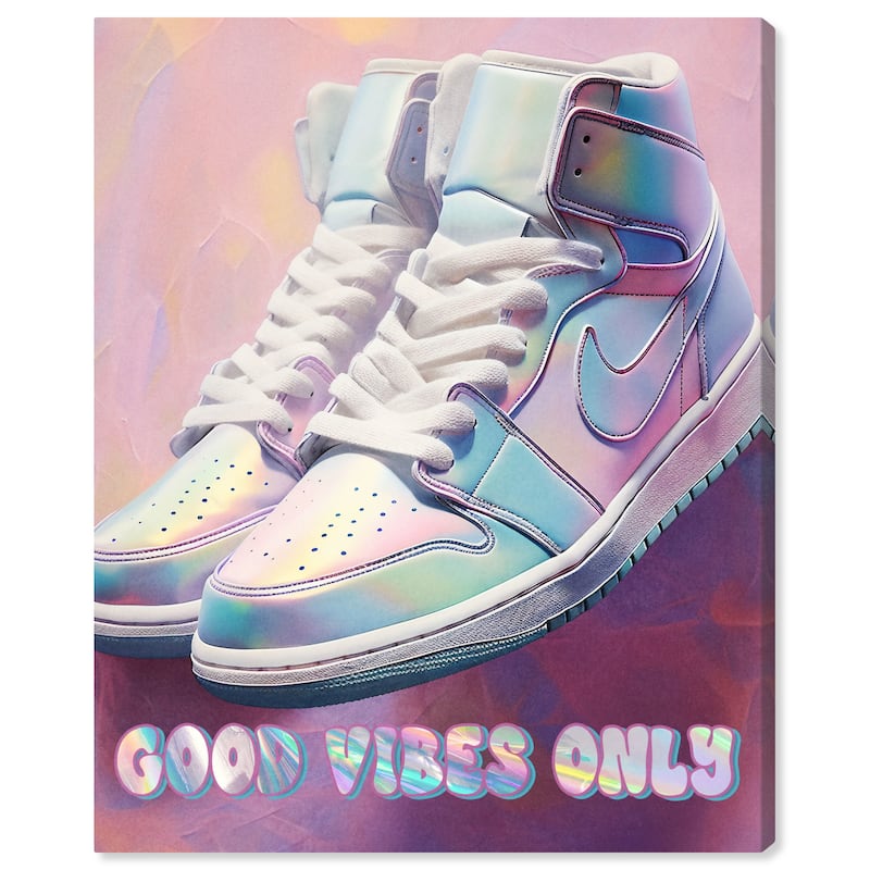 Wynwood Studio Fashion and Glam Good Vibes Sneakers Purple and Light Blue Modern & Contemporary Wall Art Canvas Print