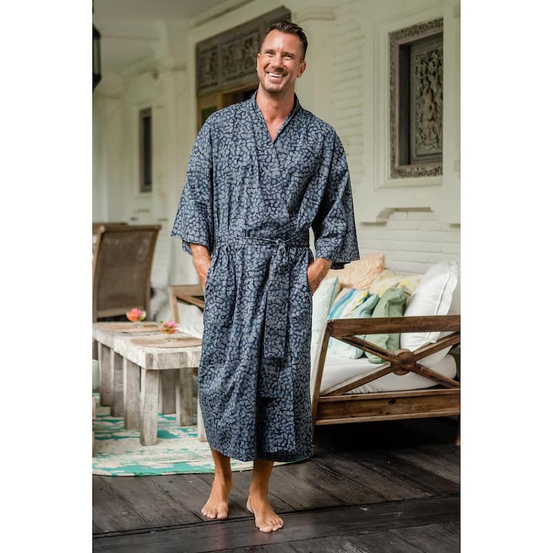 Novica Handmade Blue Midnight Mens Batik Cotton Robe