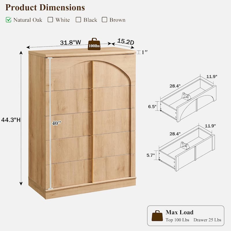 44" Tall Modern 5 Drawers Dresser with Arched Panel, Chest of Drawers