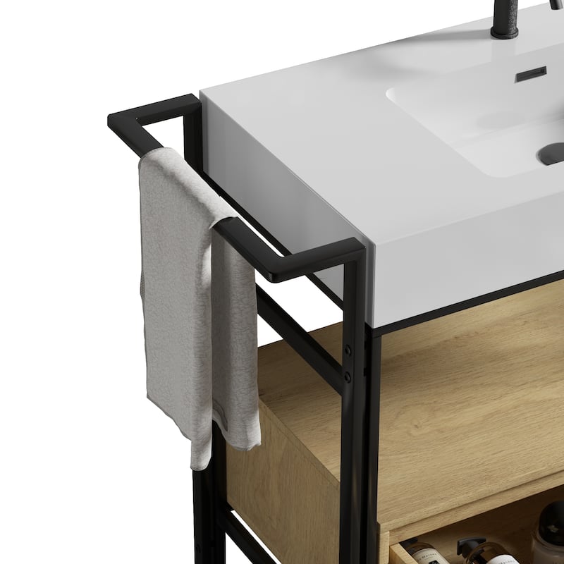 36" Industrial Style Modular Bathroom Vanity. This vanity features a robust metal frame accented with warm wood elements