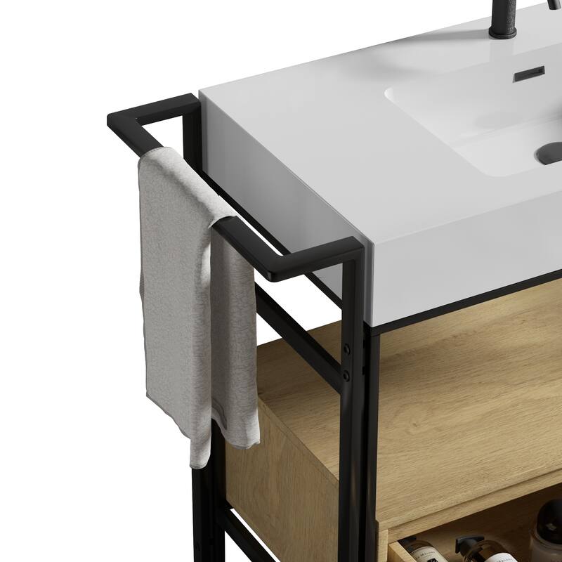 GDFStudio - Forte Industrial Metal Frame Bathroom Vanity with Artificial Stone Basin, Towel Rack & Open Storage