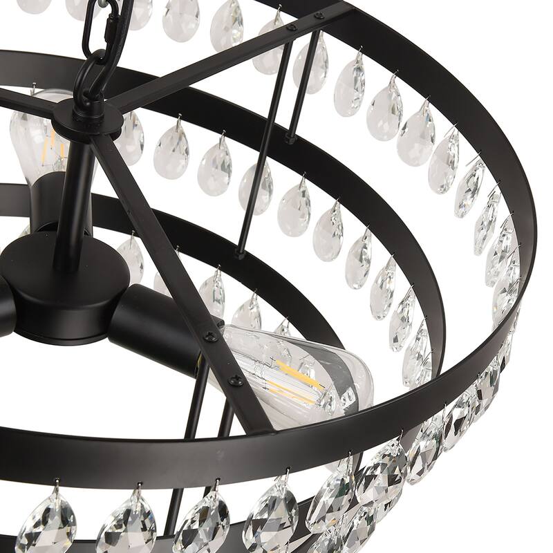 3 - Light 3 - Tier Crystal Chandelier, Black Iron Frame, Ceiling Pendant - Matte Black