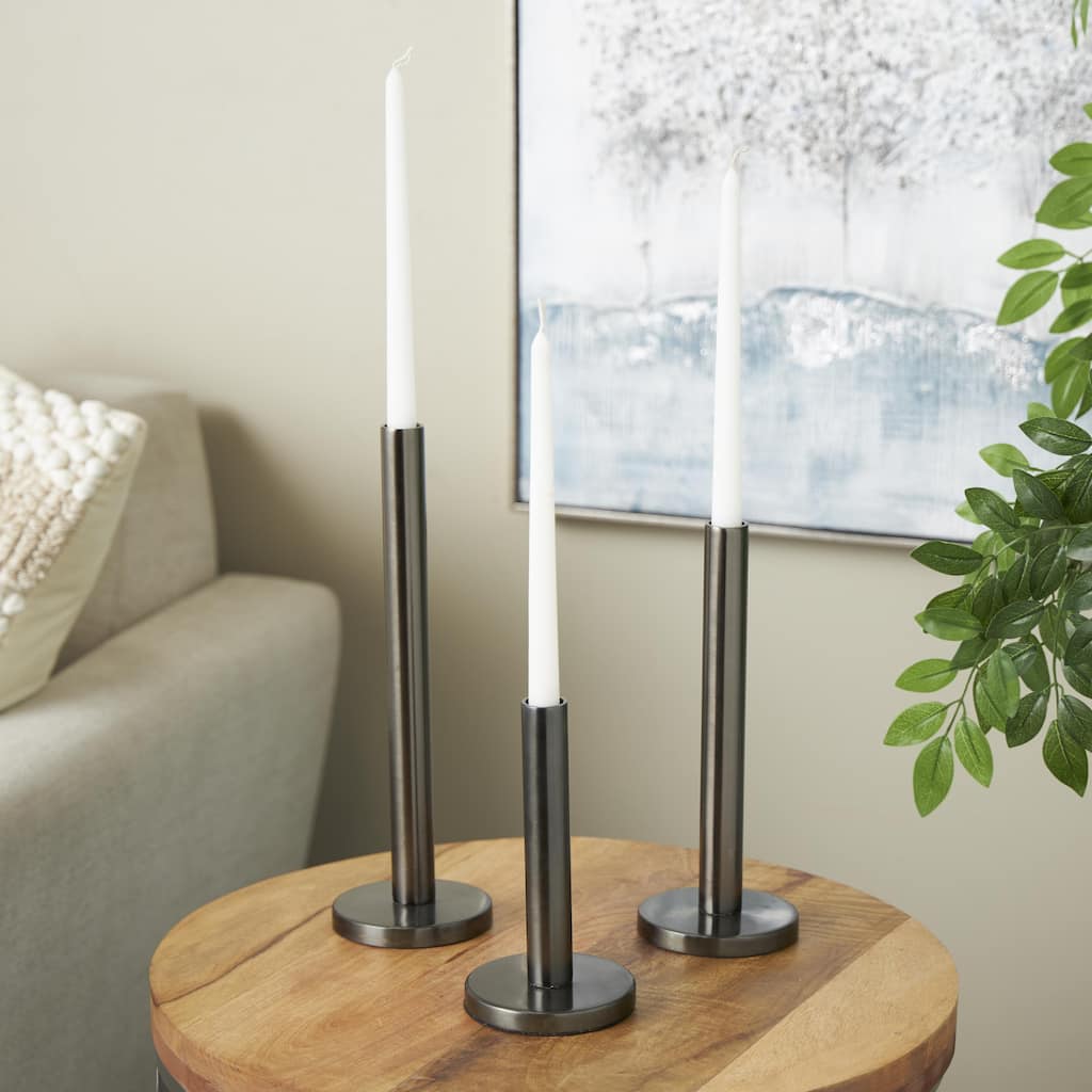 Silver Stainless Steel Metal Slim Decorative Candle Holder with Round Base (Set of 3) - 4"W x 4"L x 13"H